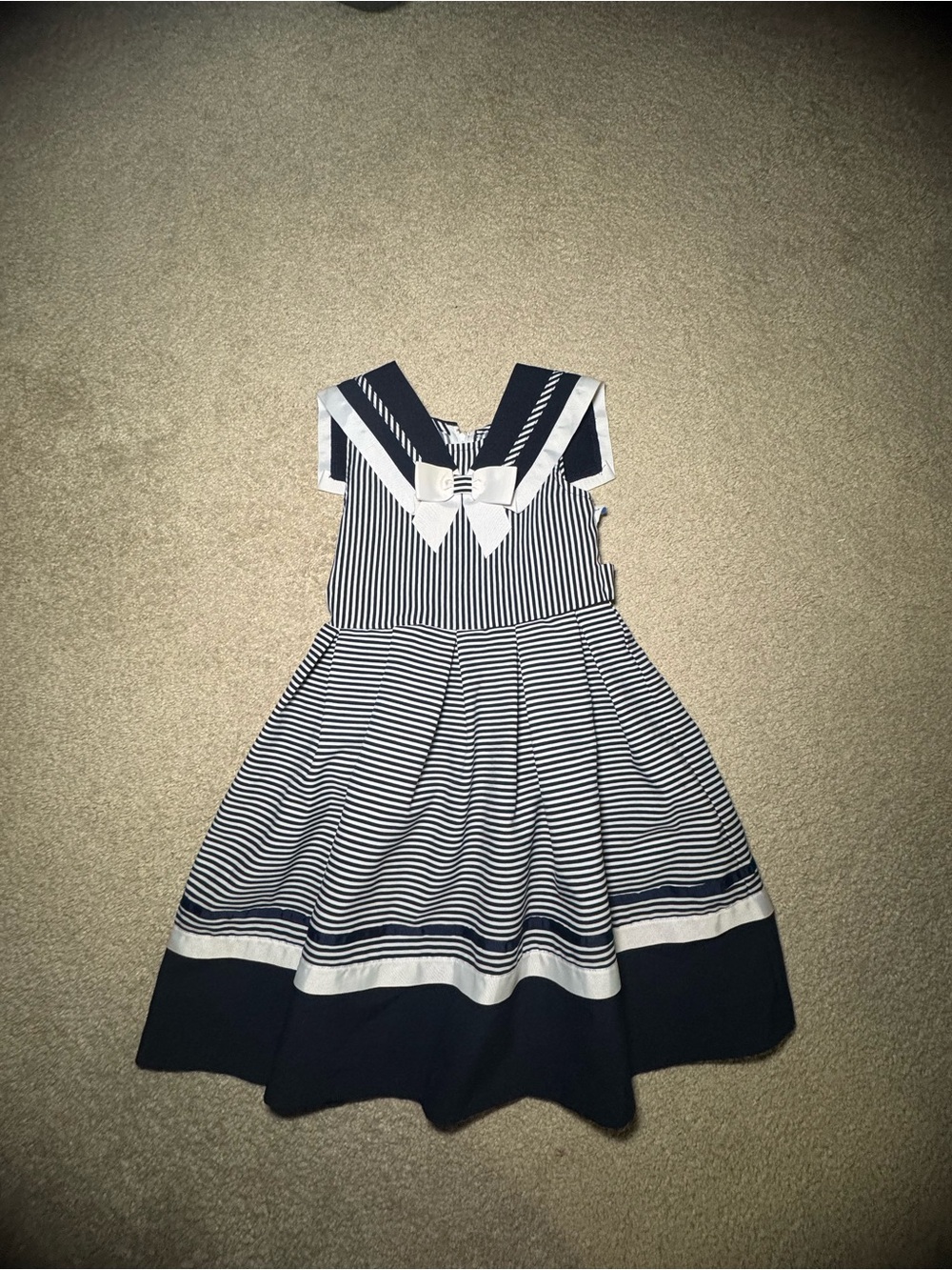 Bonnie Jean Navy and White Striped Sailor Dress with Bow